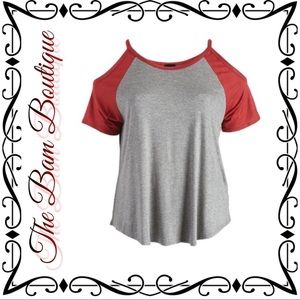 Brick & Gray Cold-Shoulder Raglan Top